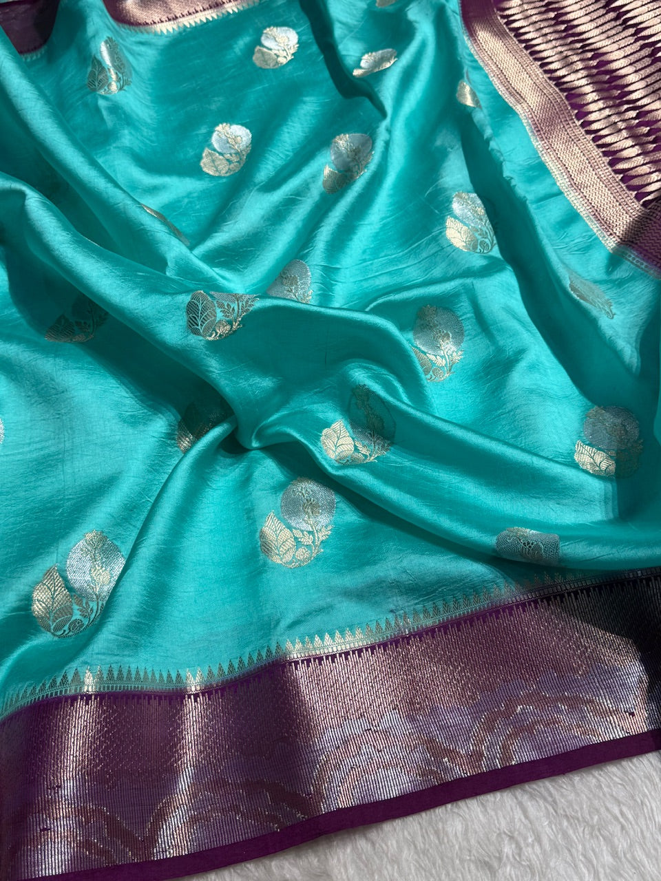 Sky Blue Flower Boota Pure Caramel Mango Silk Saree