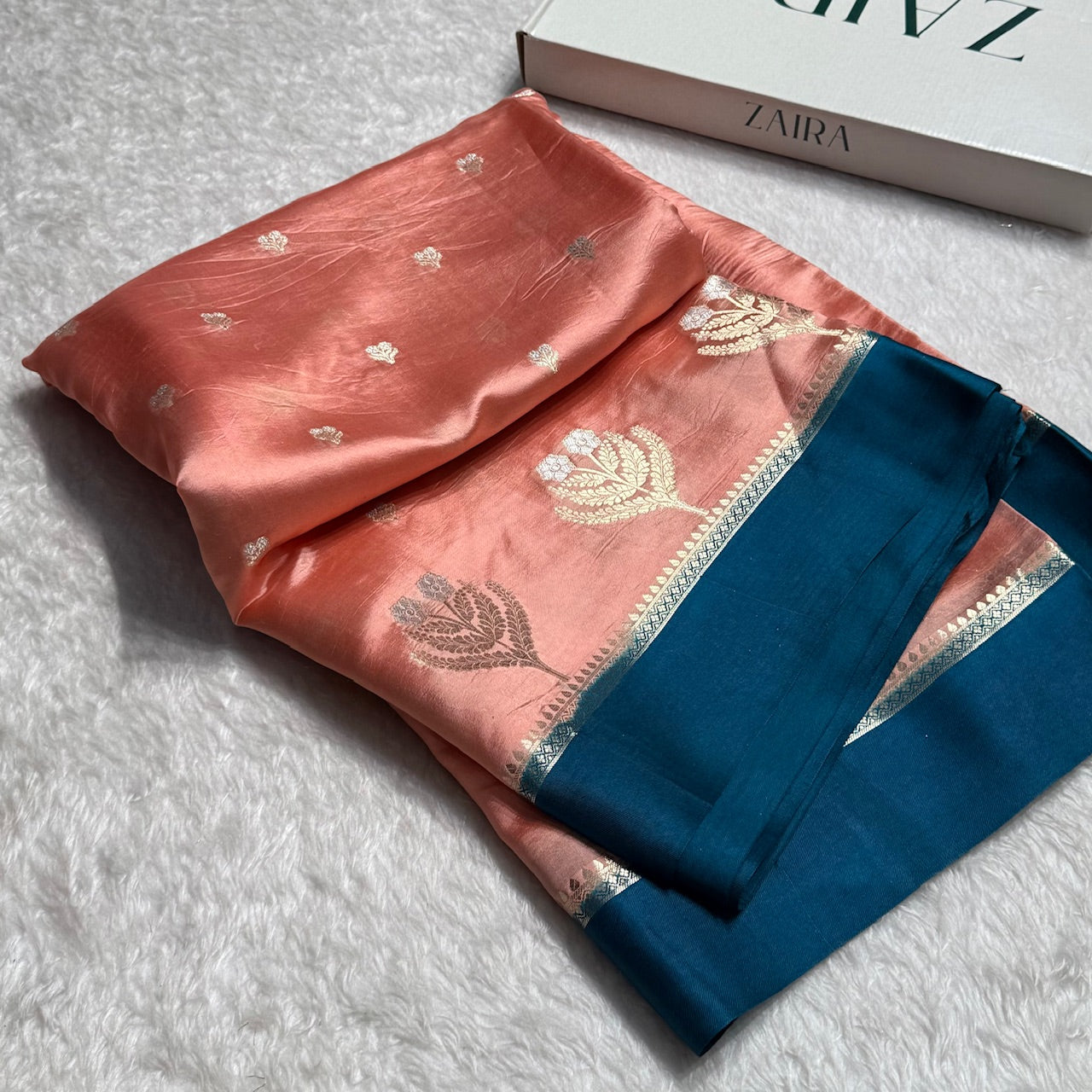 Peach - Rama Green Floral Boota Pure Caramel Mango Silk Saree