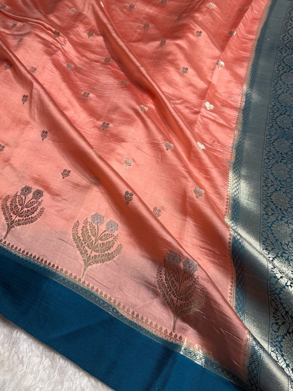 Peach - Rama Green Floral Boota Pure Caramel Mango Silk Saree
