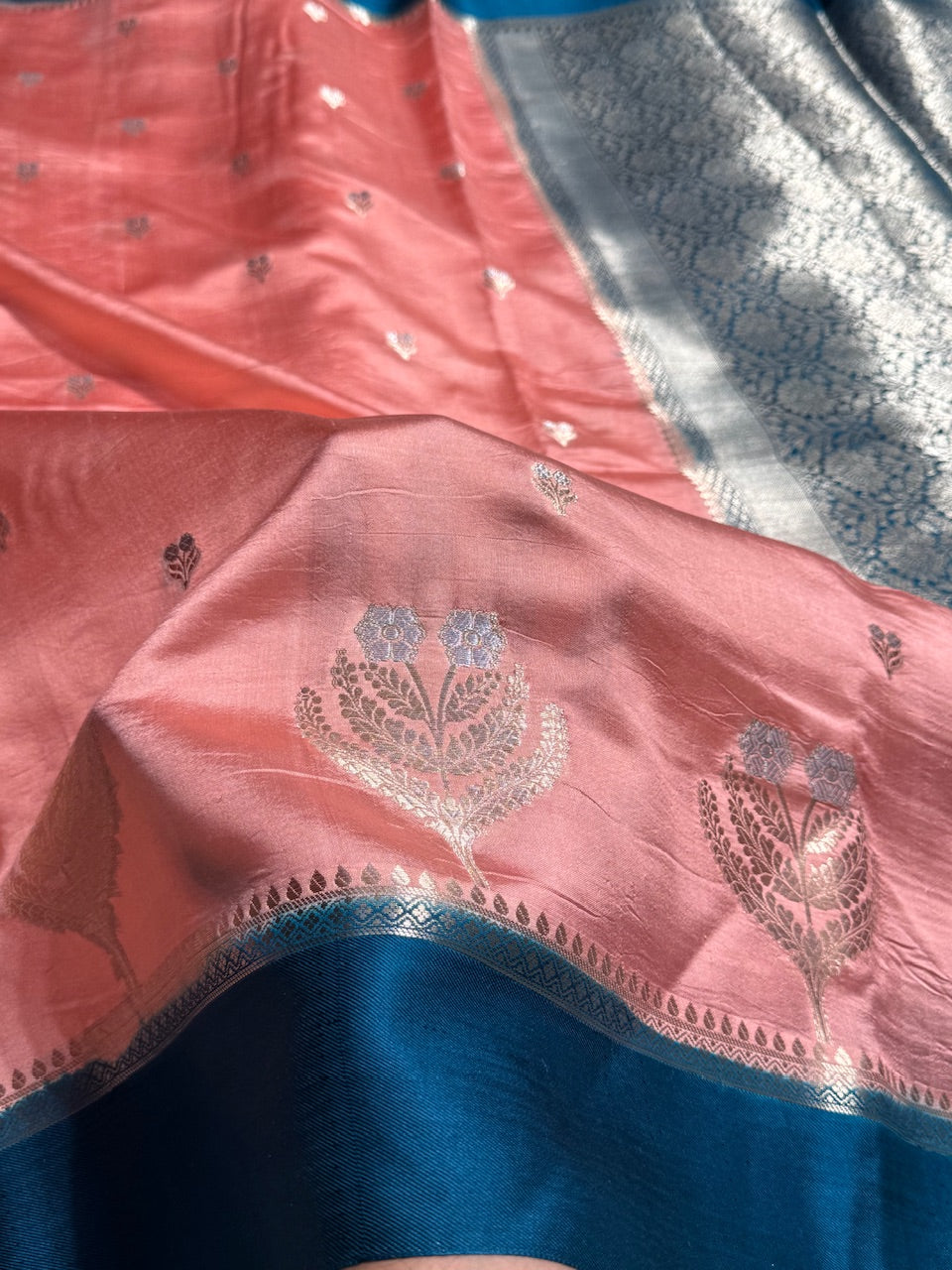 Peach - Rama Green Floral Boota Pure Caramel Mango Silk Saree