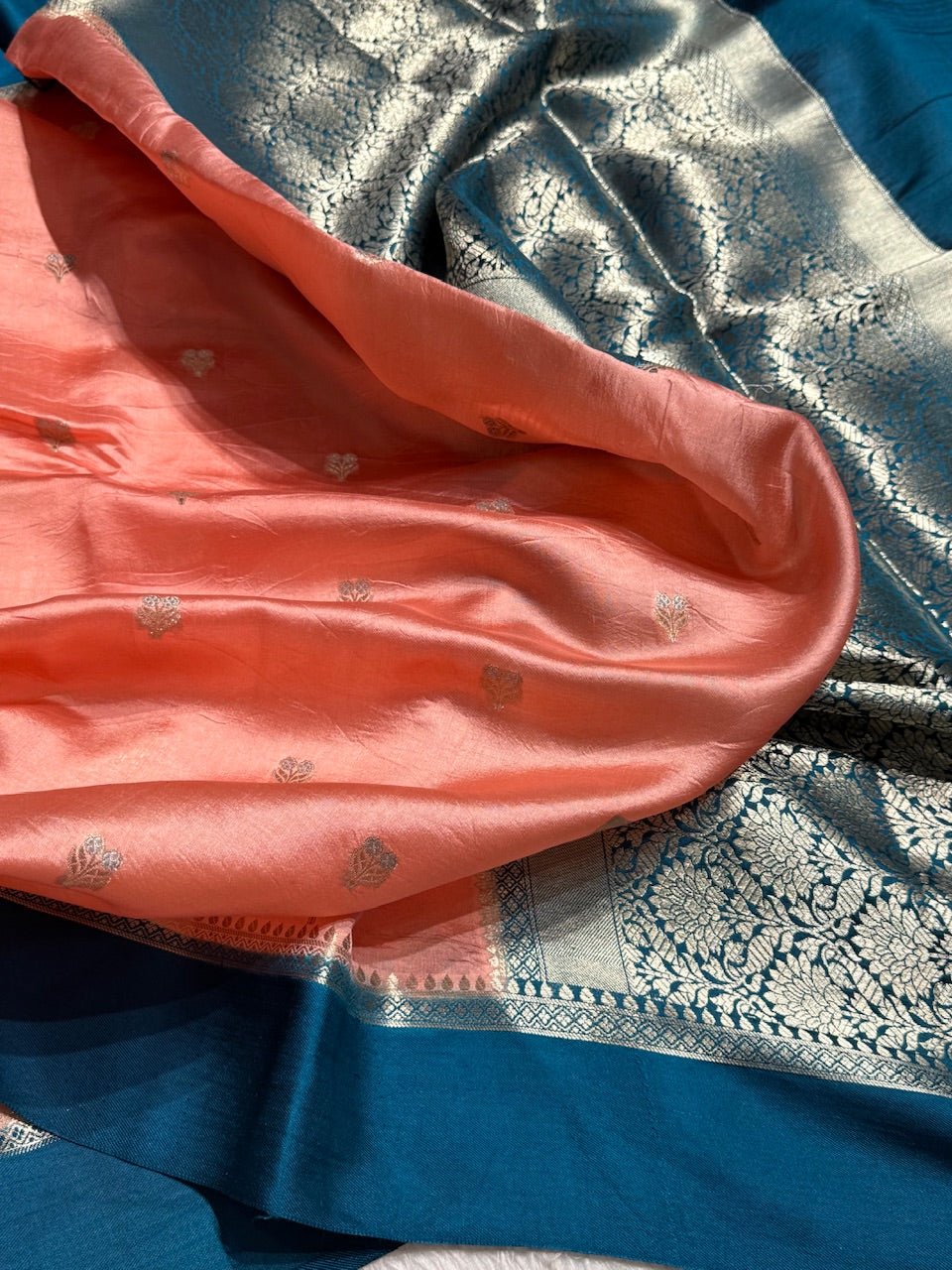 Peach - Rama Green Floral Boota Pure Caramel Mango Silk Saree