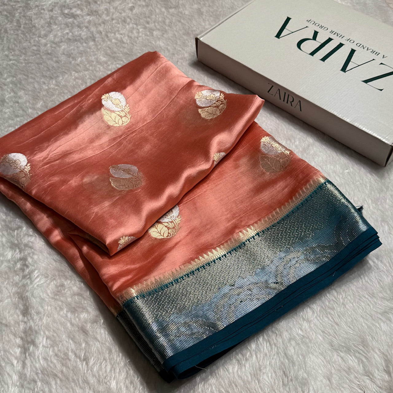 Peach Flower Boota Pure Caramel Mango Silk Saree