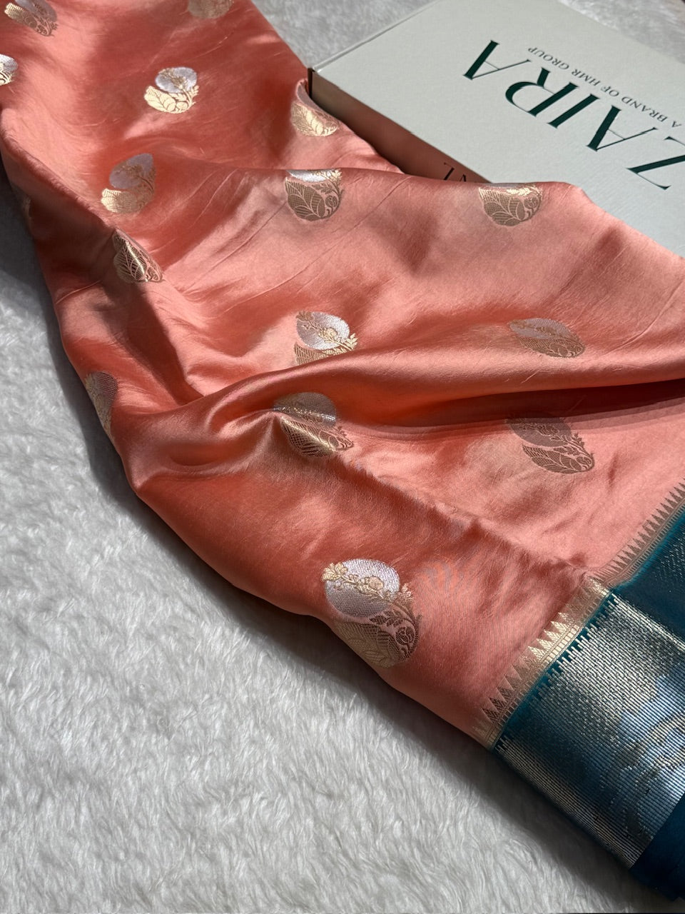 Peach Flower Boota Pure Caramel Mango Silk Saree