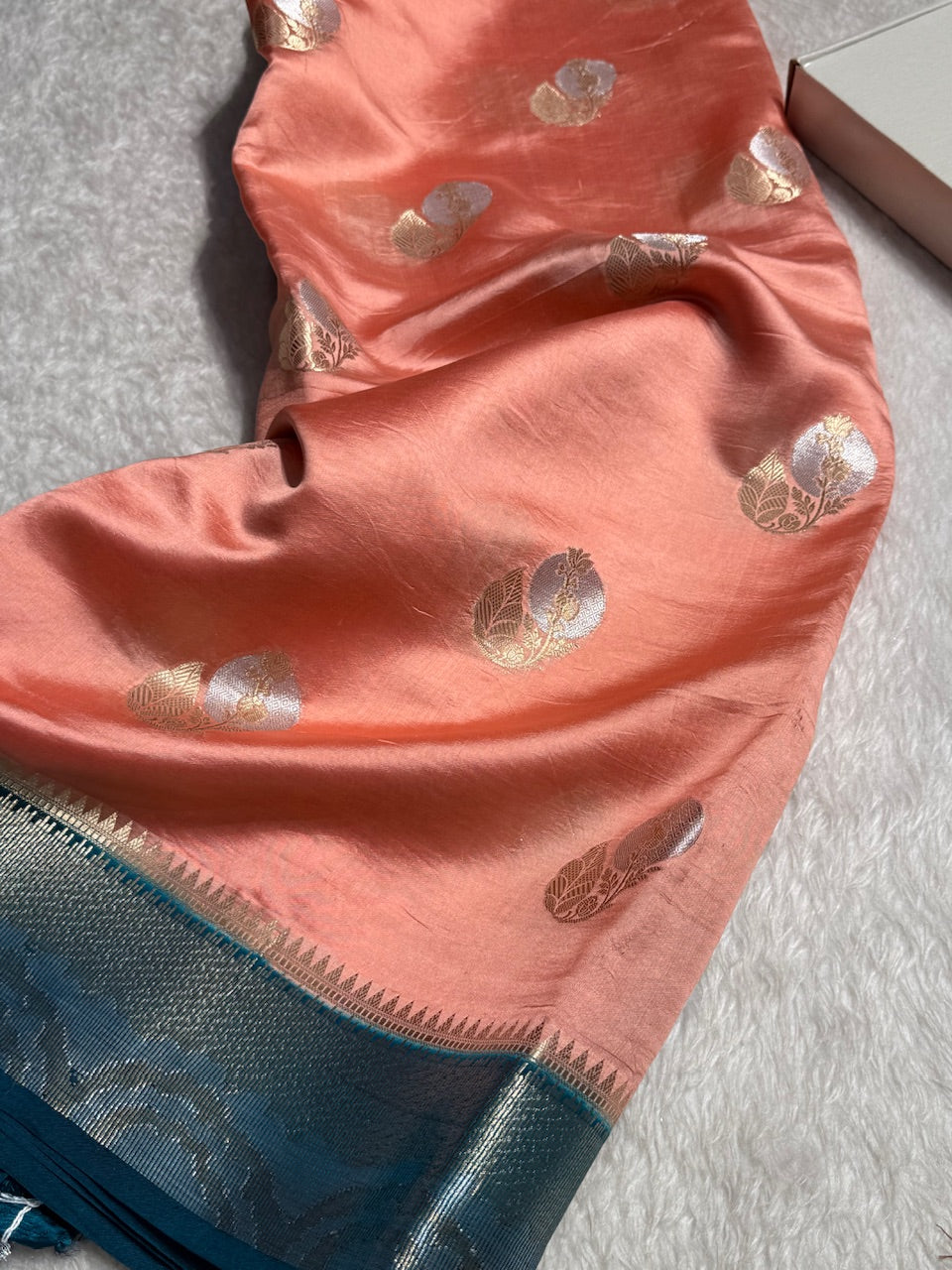 Peach Flower Boota Pure Caramel Mango Silk Saree