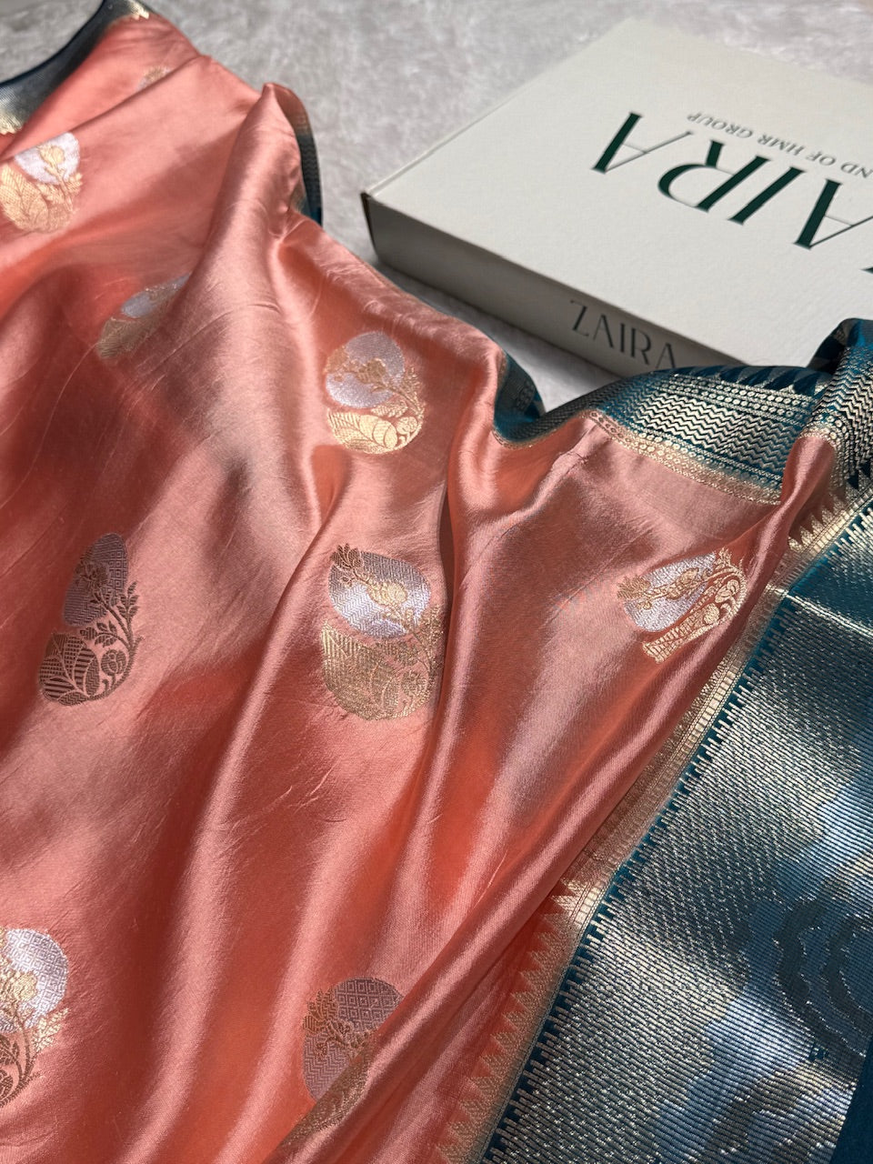 Peach Flower Boota Pure Caramel Mango Silk Saree