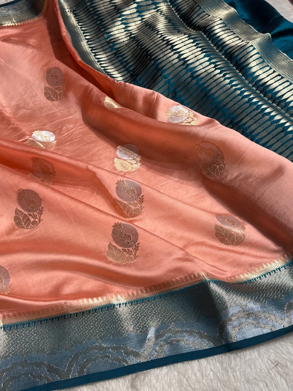 Peach Flower Boota Pure Caramel Mango Silk Saree