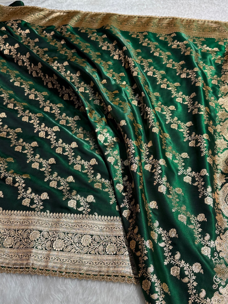 Banarasi Bottle Green Cross Satin Silk Saree With Gota Patti SSGP11