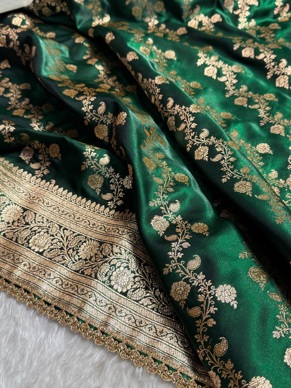 Banarasi Bottle Green Cross Satin Silk Saree With Gota Patti SSGP11