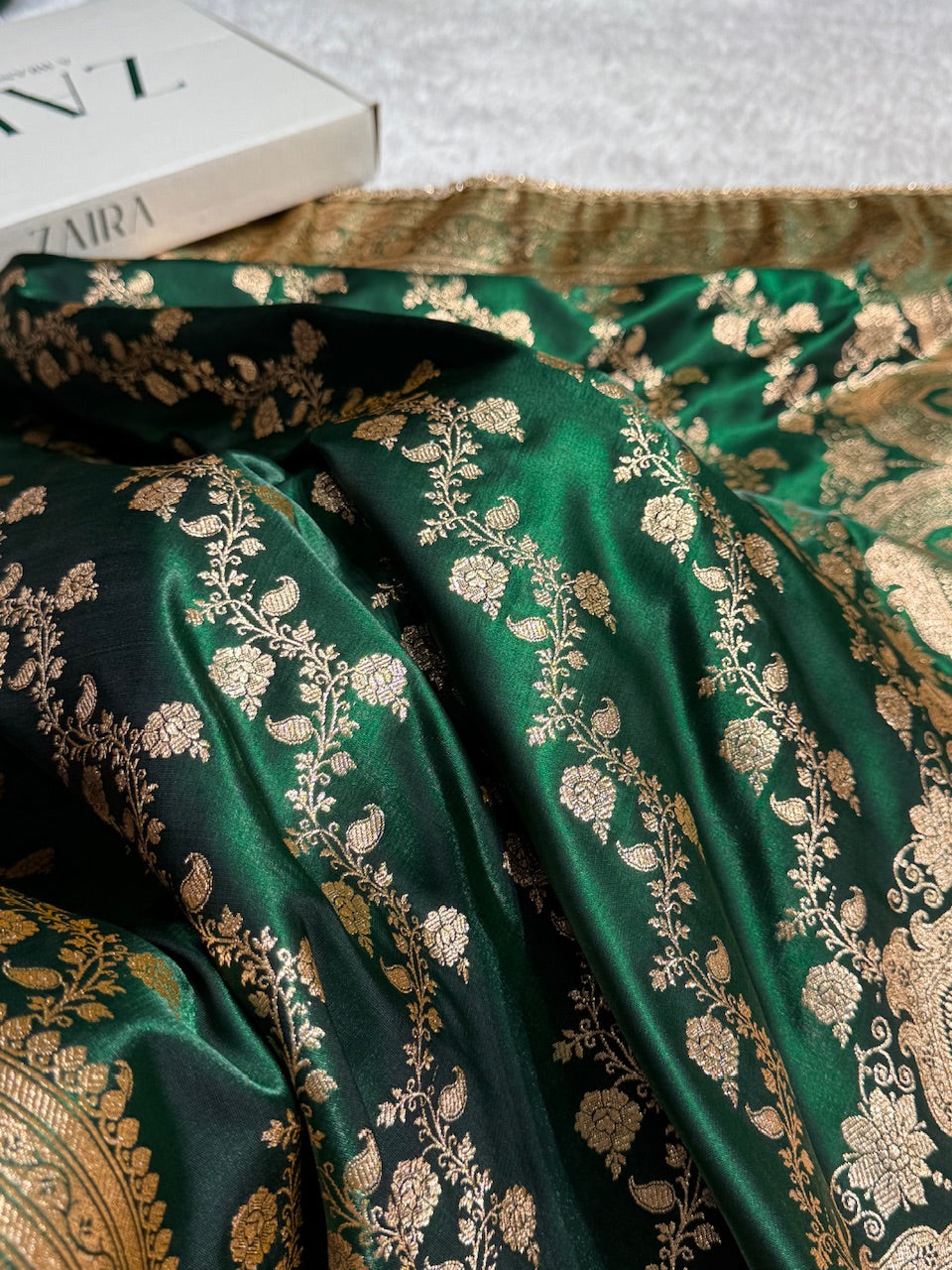 Banarasi Bottle Green Cross Satin Silk Saree With Gota Patti SSGP11
