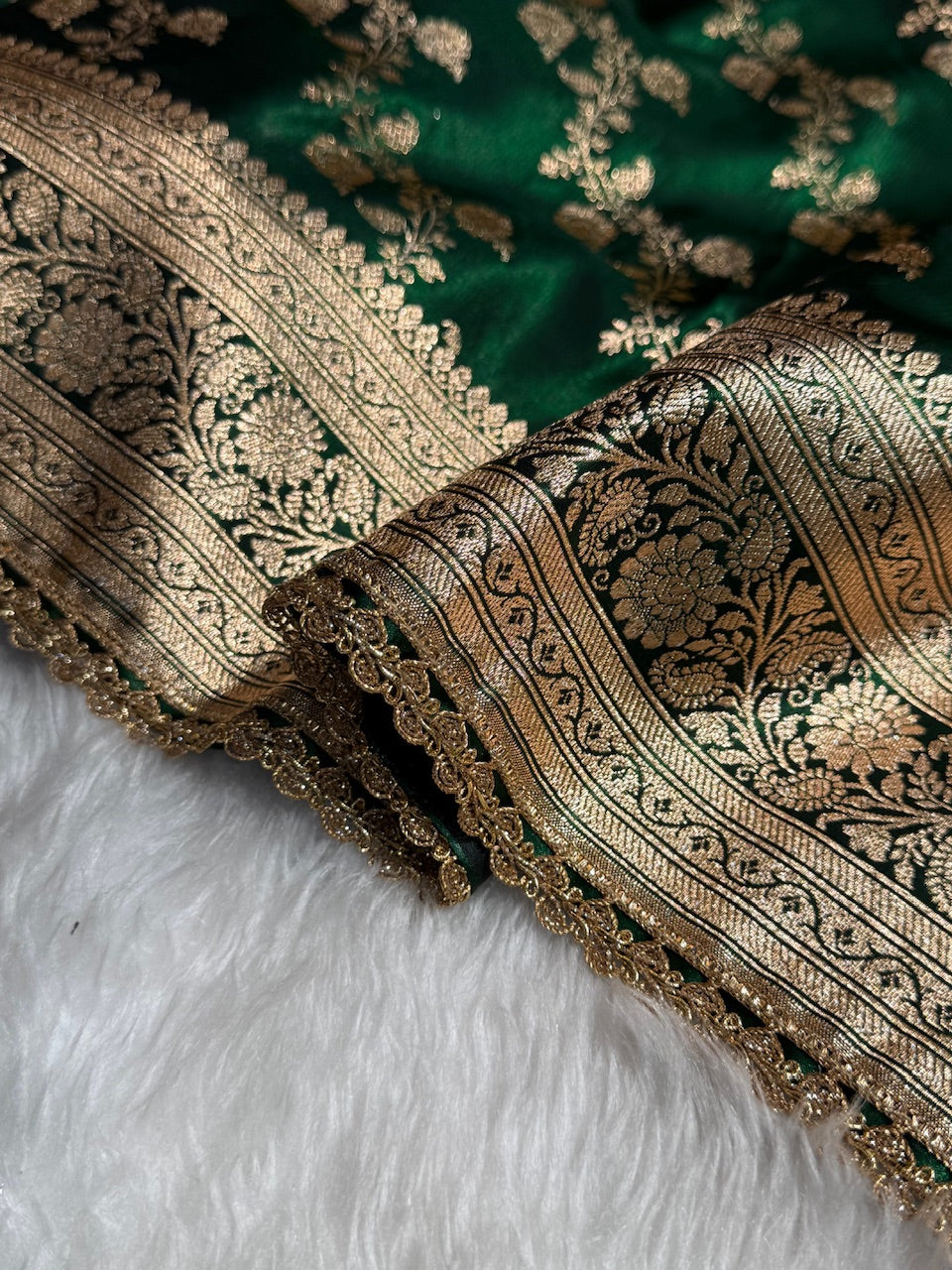 Banarasi Bottle Green Cross Satin Silk Saree With Gota Patti SSGP11