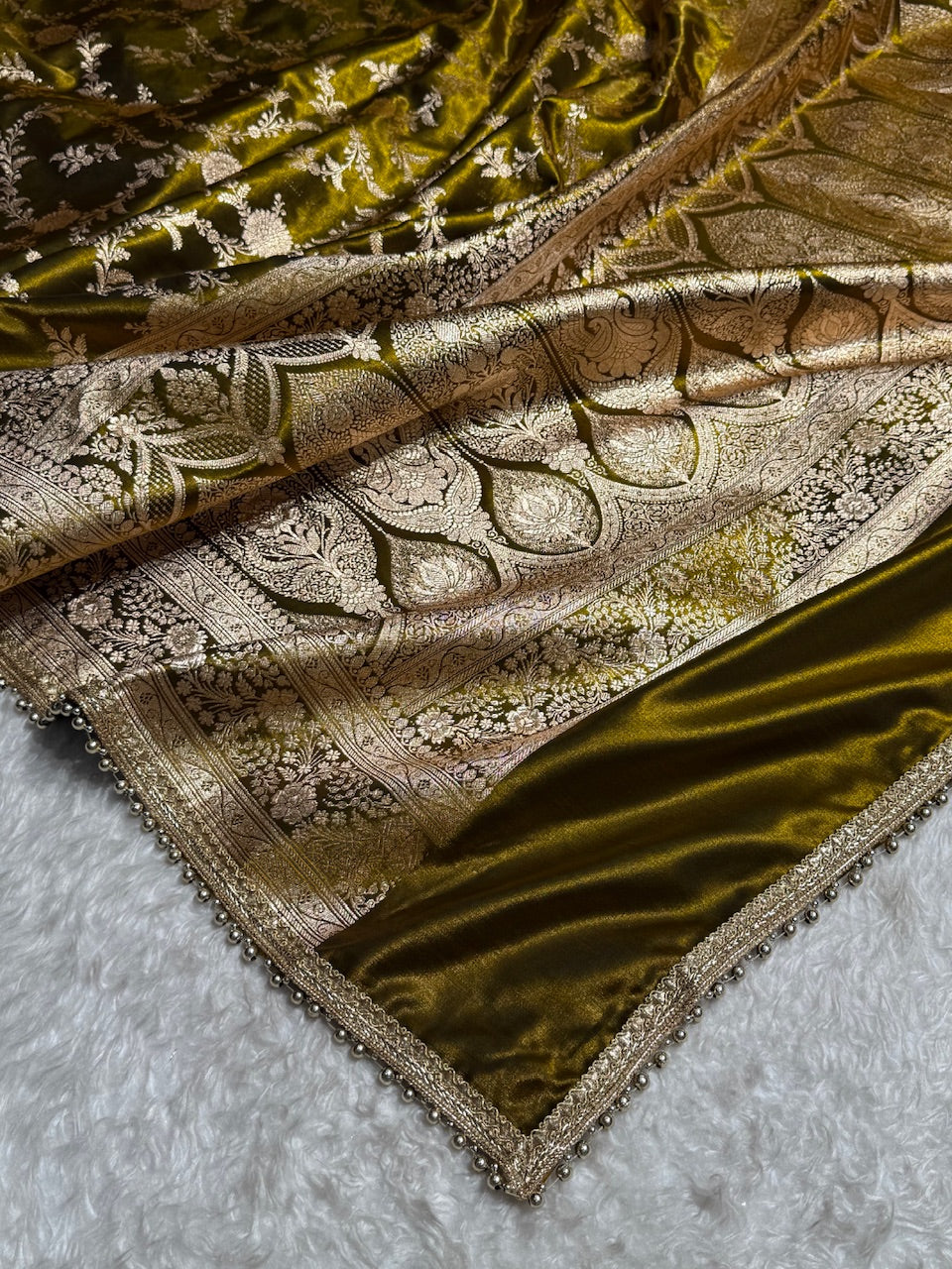 Satin Silk Jaal in Mehandi Green Shades With Gota Patii SSGP14
