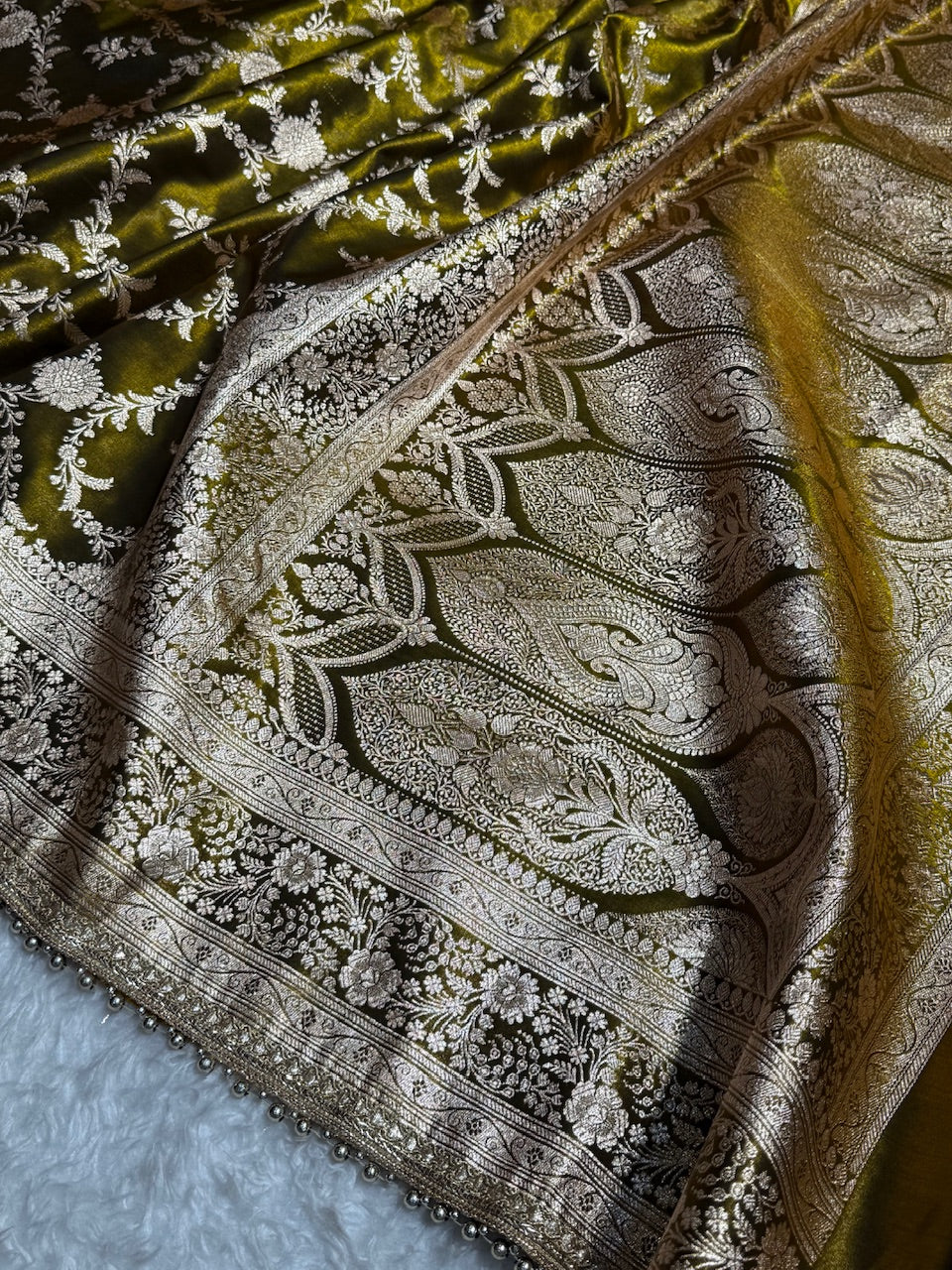 Satin Silk Jaal in Mehandi Green Shades With Gota Patii SSGP14