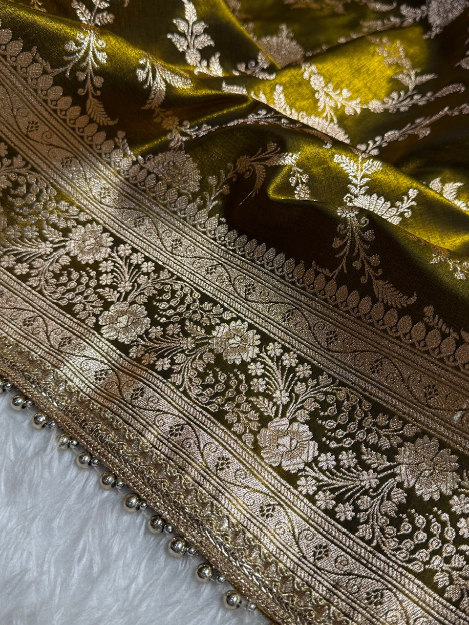 Satin Silk Jaal in Mehandi Green Shades With Gota Patii SSGP14