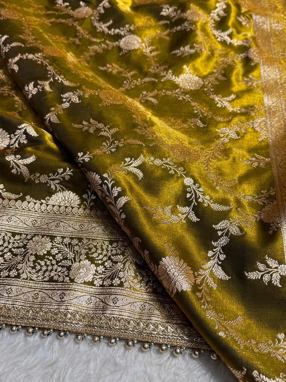 Satin Silk Jaal in Mehandi Green Shades With Gota Patii SSGP14
