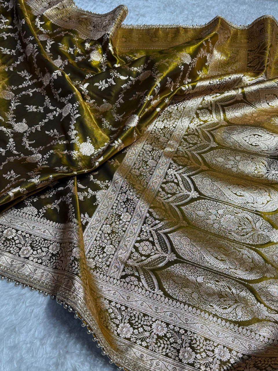 Satin Silk Jaal in Mehandi Green Shades With Gota Patii SSGP14