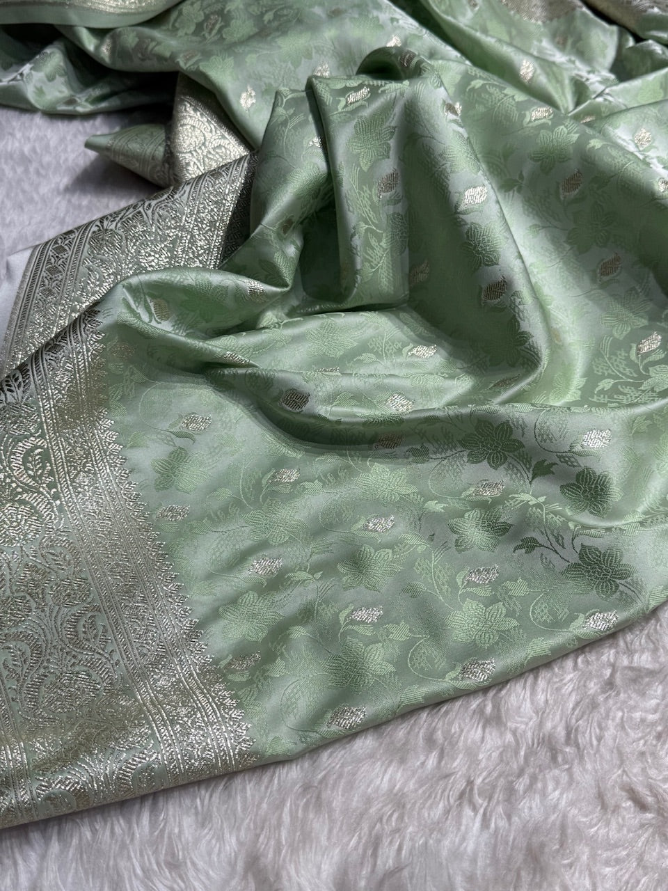 Light Pista Tanchoi Satin Katan Silk Saree SKTM-03
