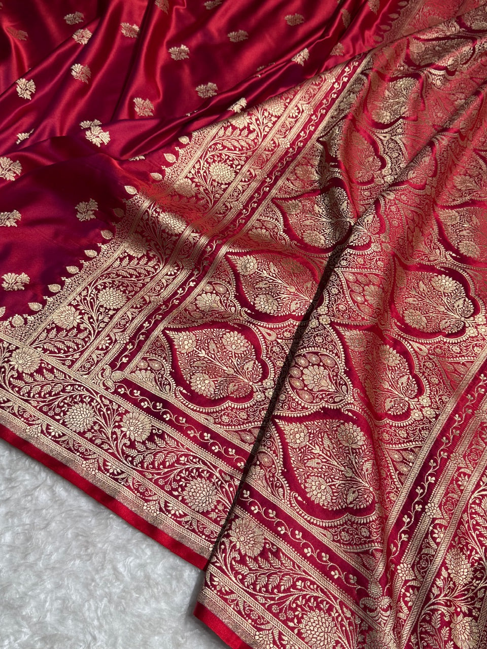 Cross Magenta Red Floral Boota Satin Katan Silk saree