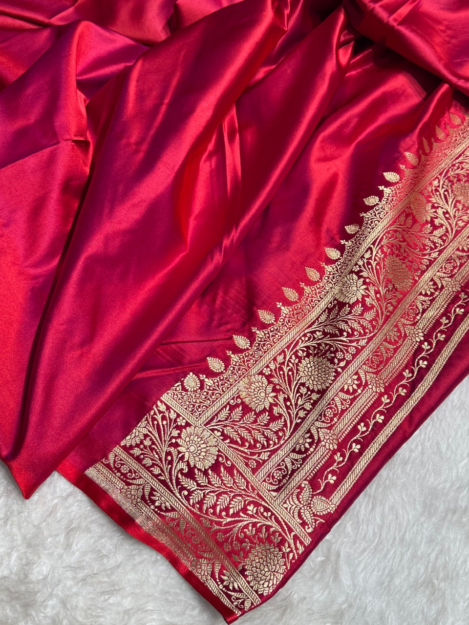 Cross Magenta Red Floral Boota Satin Katan Silk saree