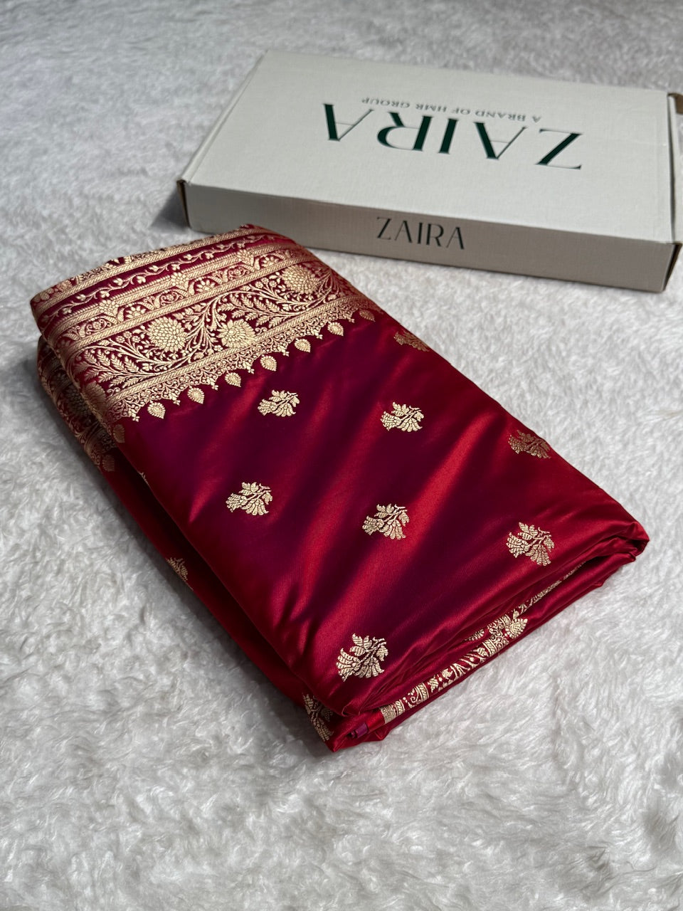 Cross Magenta Red Floral Boota Satin Katan Silk saree