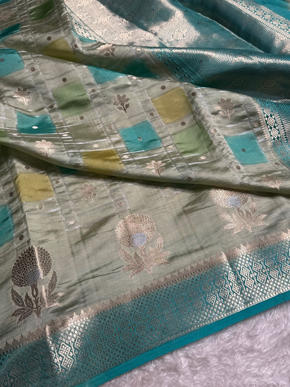 Pista - Firozy Shades Floral Boota & Booti Pure Caramel Mango Silk Saree