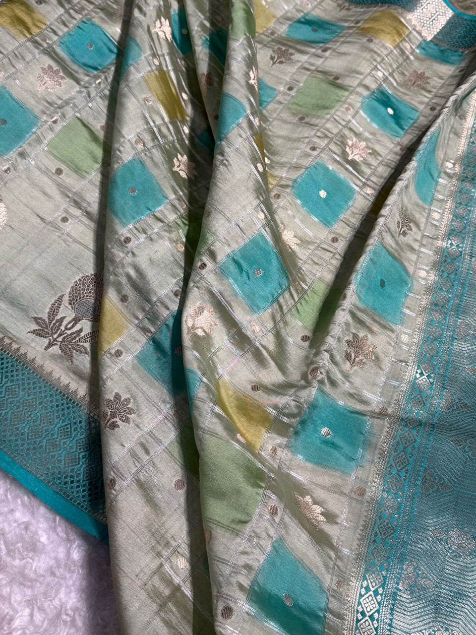 Pista - Firozy Shades Floral Boota & Booti Pure Caramel Mango Silk Saree