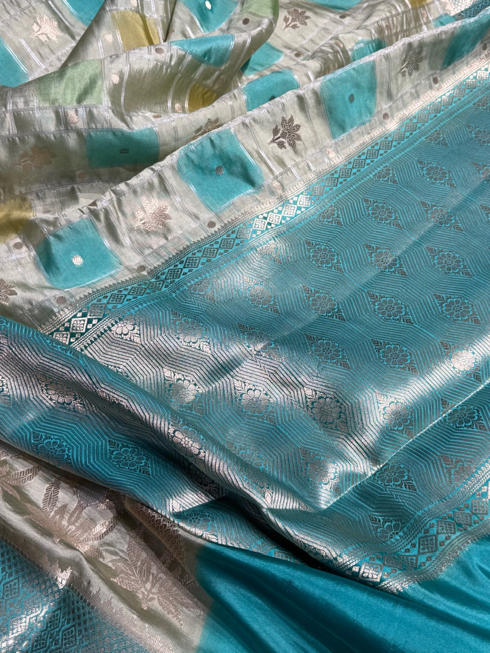 Pista - Firozy Shades Floral Boota & Booti Pure Caramel Mango Silk Saree
