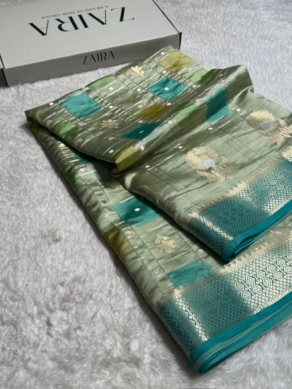 Pista - Firozy Shades Floral Boota & Booti Pure Caramel Mango Silk Saree