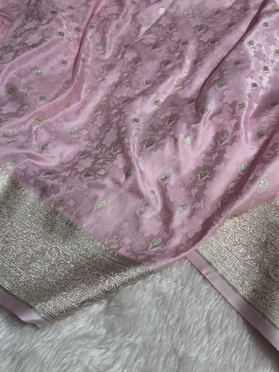 Baby Pink Tanchoi Satin Katan Silk Saree SKTM-03