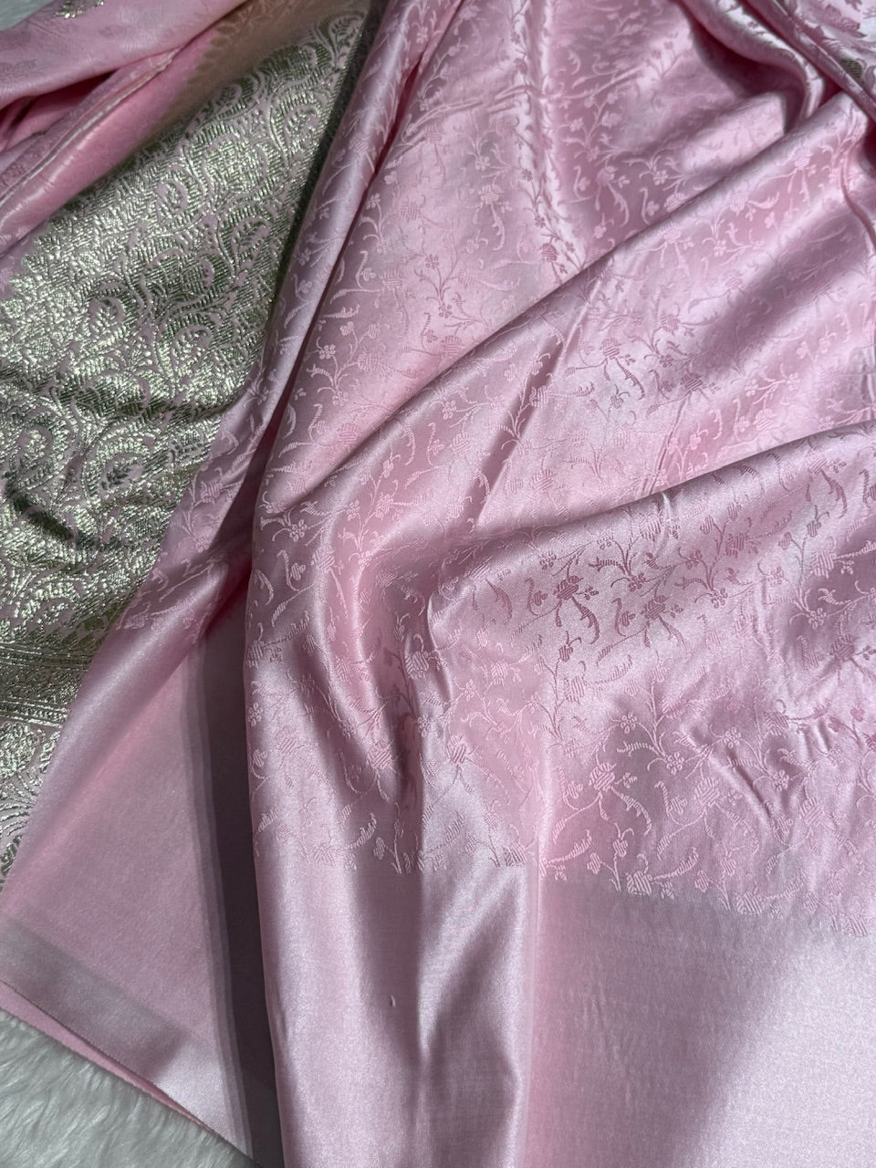 Baby Pink Tanchoi Satin Katan Silk Saree SKTM-03