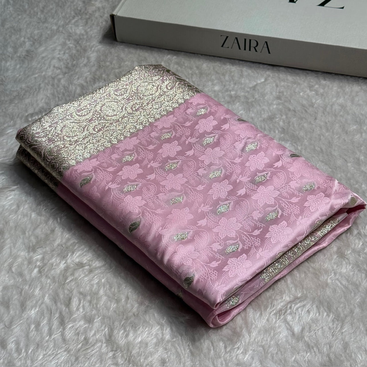 Baby Pink Tanchoi Satin Katan Silk Saree SKTM-03