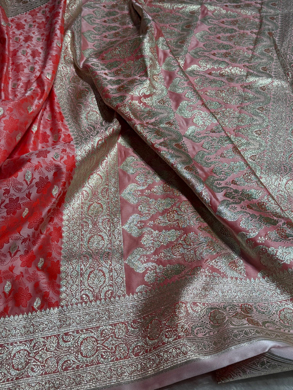 Pestal Orange Tanchoi Satin Katan Silk Saree SKTM-03