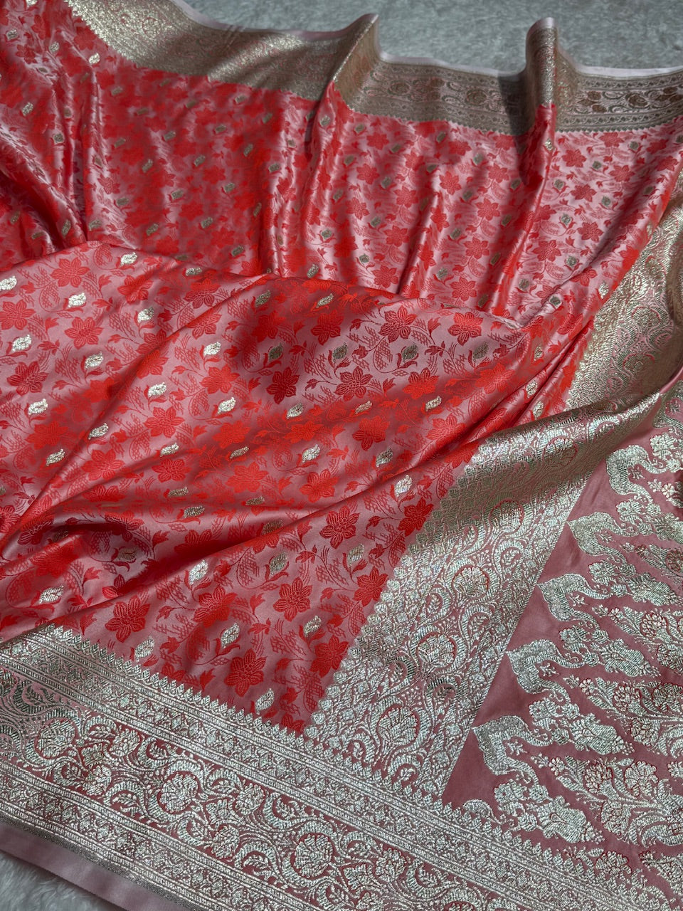 Pestal Orange Tanchoi Satin Katan Silk Saree SKTM-03