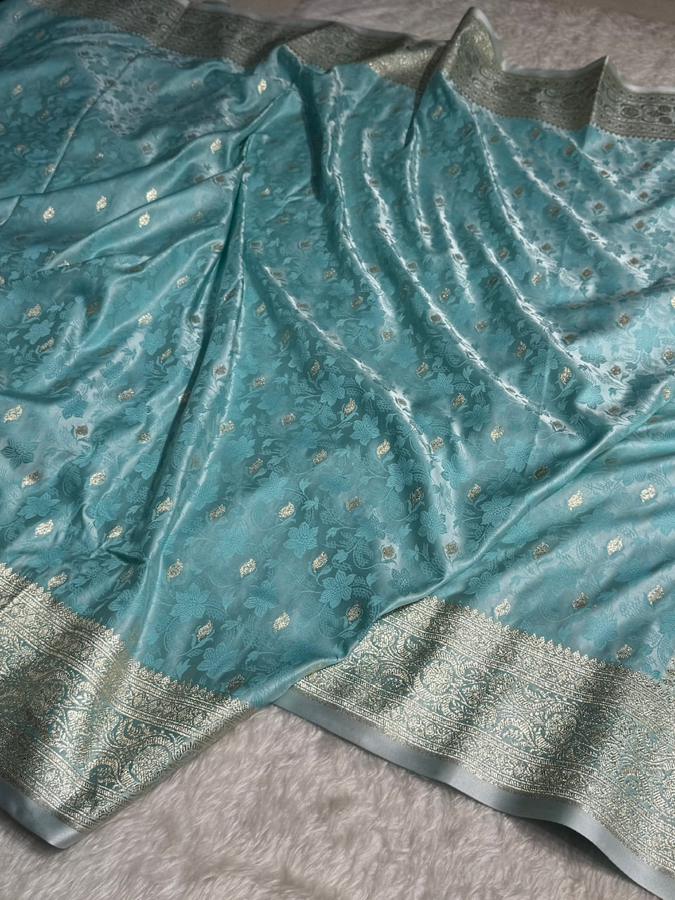 Sky Blue Tanchoi Satin Katan Silk Saree SKTM-03