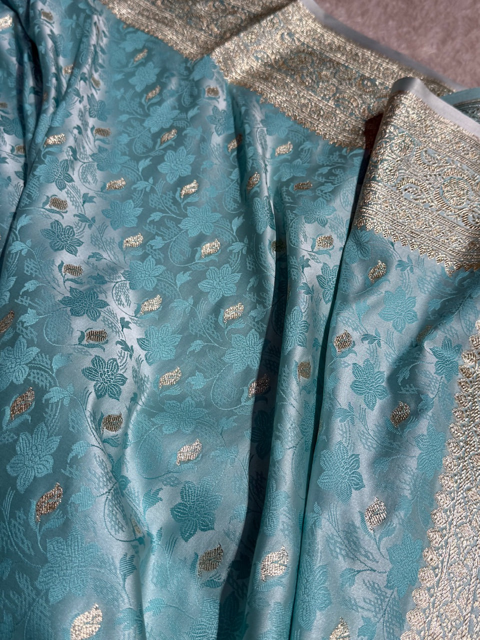 Sky Blue Tanchoi Satin Katan Silk Saree SKTM-03