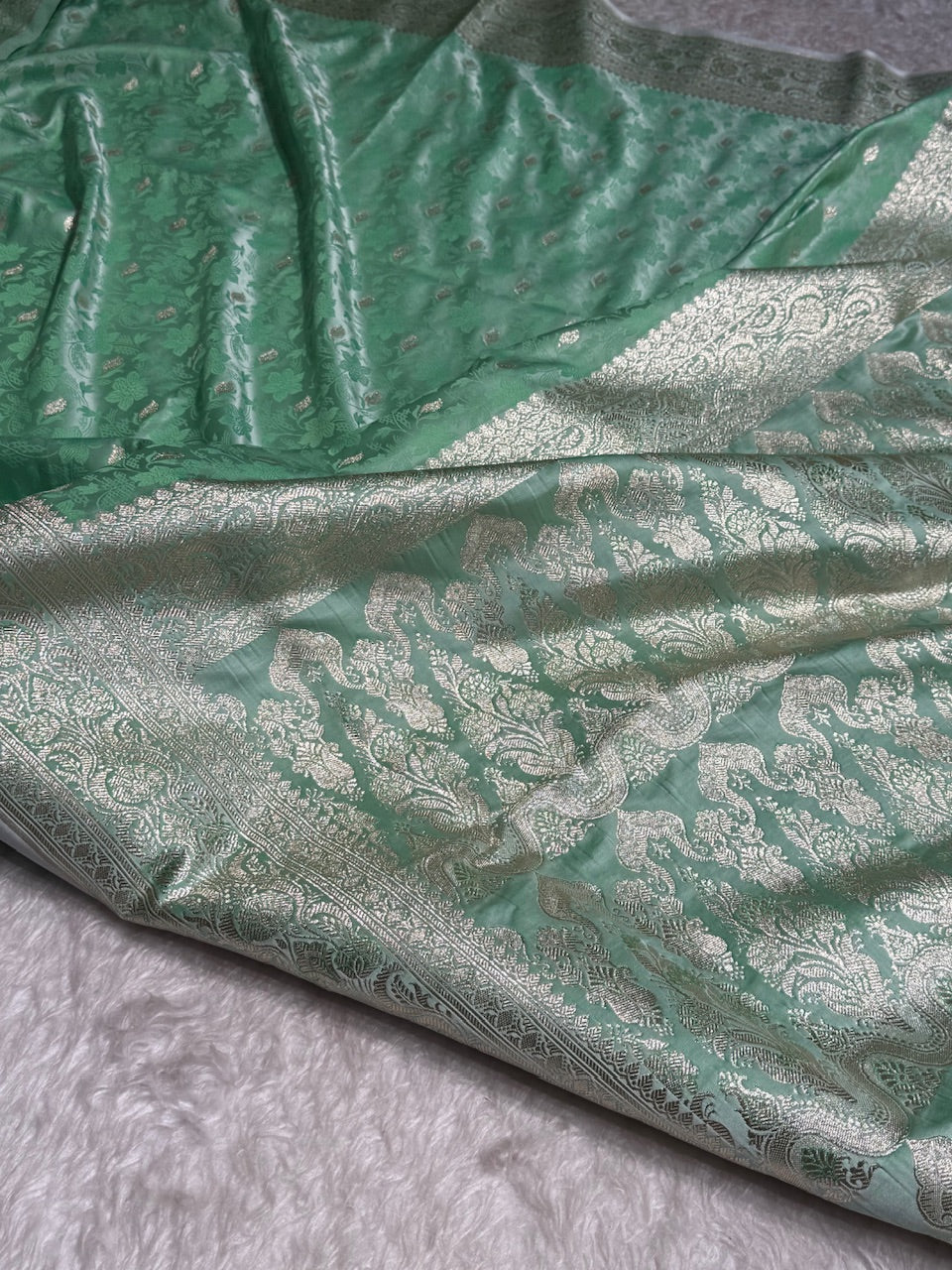 Sea Green Tanchoi Satin Katan Silk Saree SKTM-03