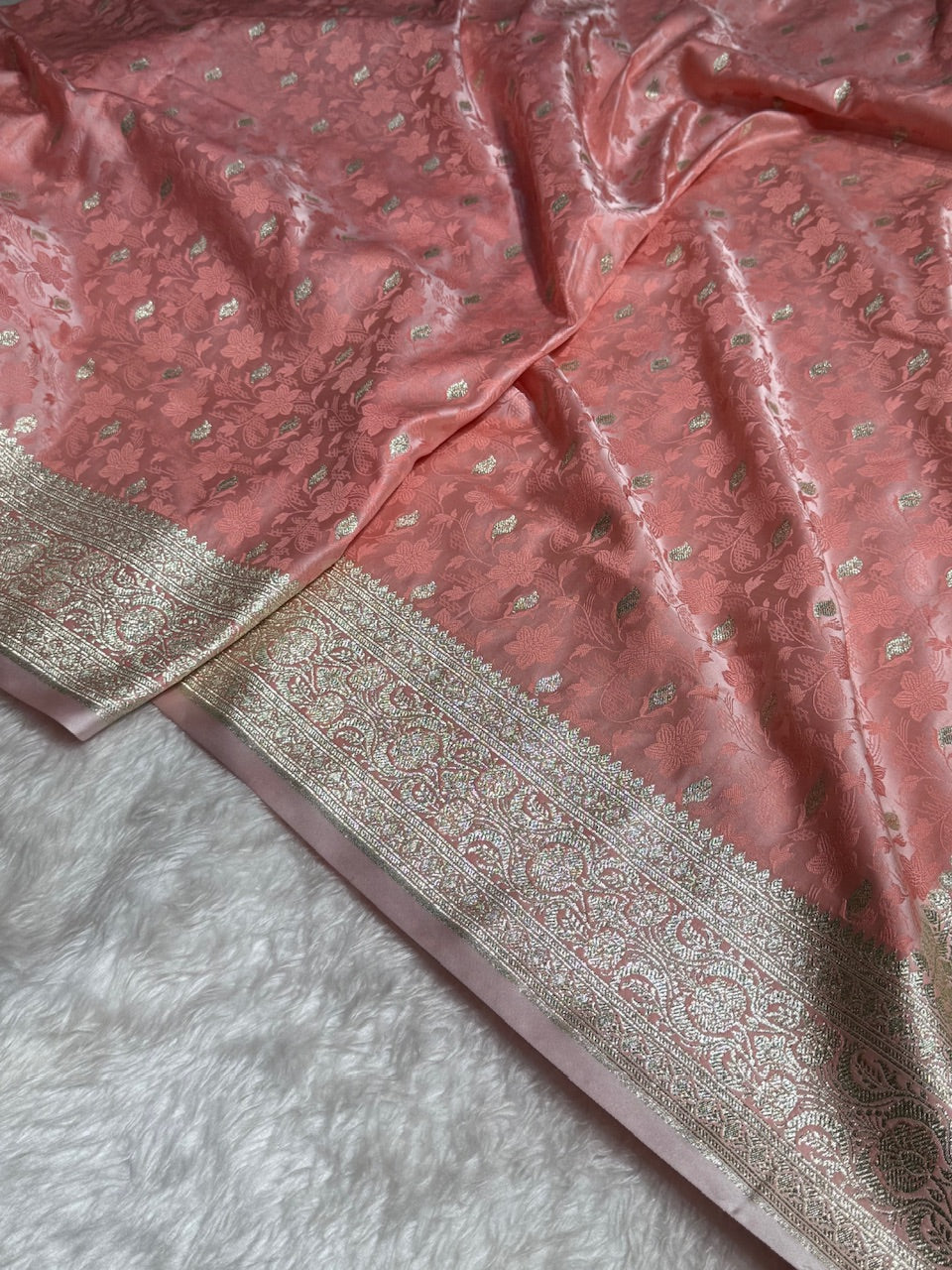 Peach Tanchoi Satin Katan Silk Saree SKTM-03