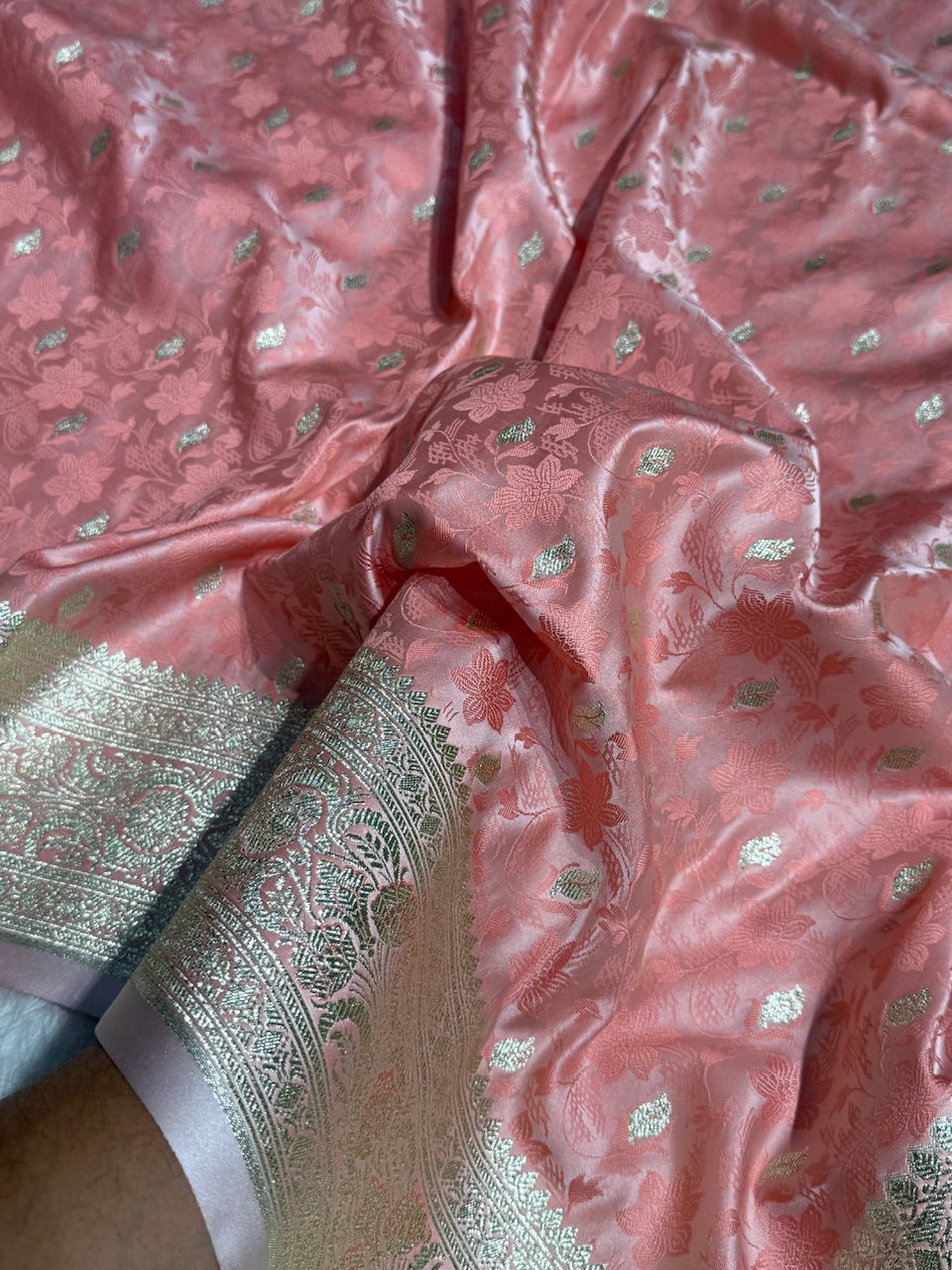 Peach Tanchoi Satin Katan Silk Saree SKTM-03