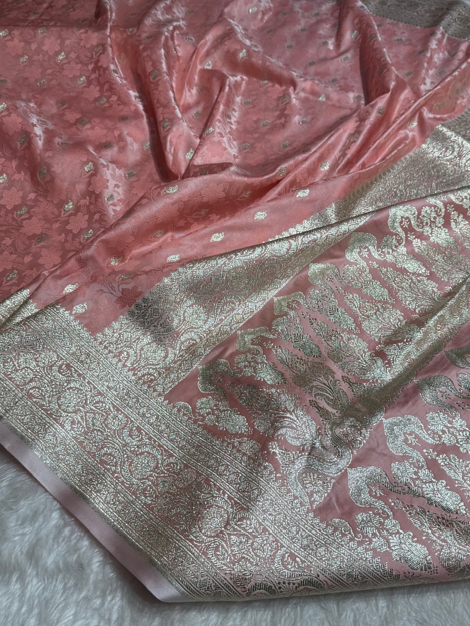 Peach Tanchoi Satin Katan Silk Saree SKTM-03