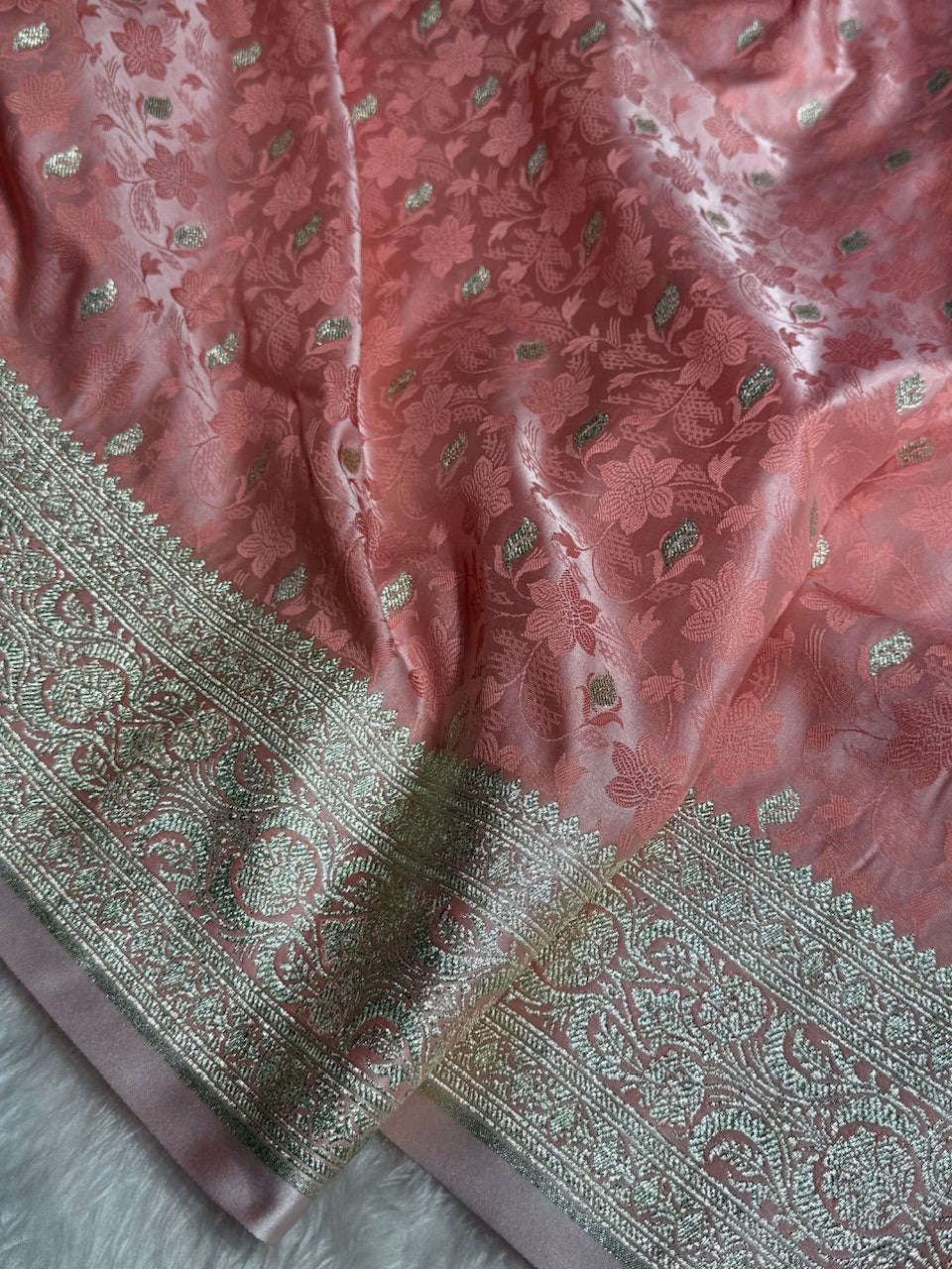 Peach Tanchoi Satin Katan Silk Saree SKTM-03