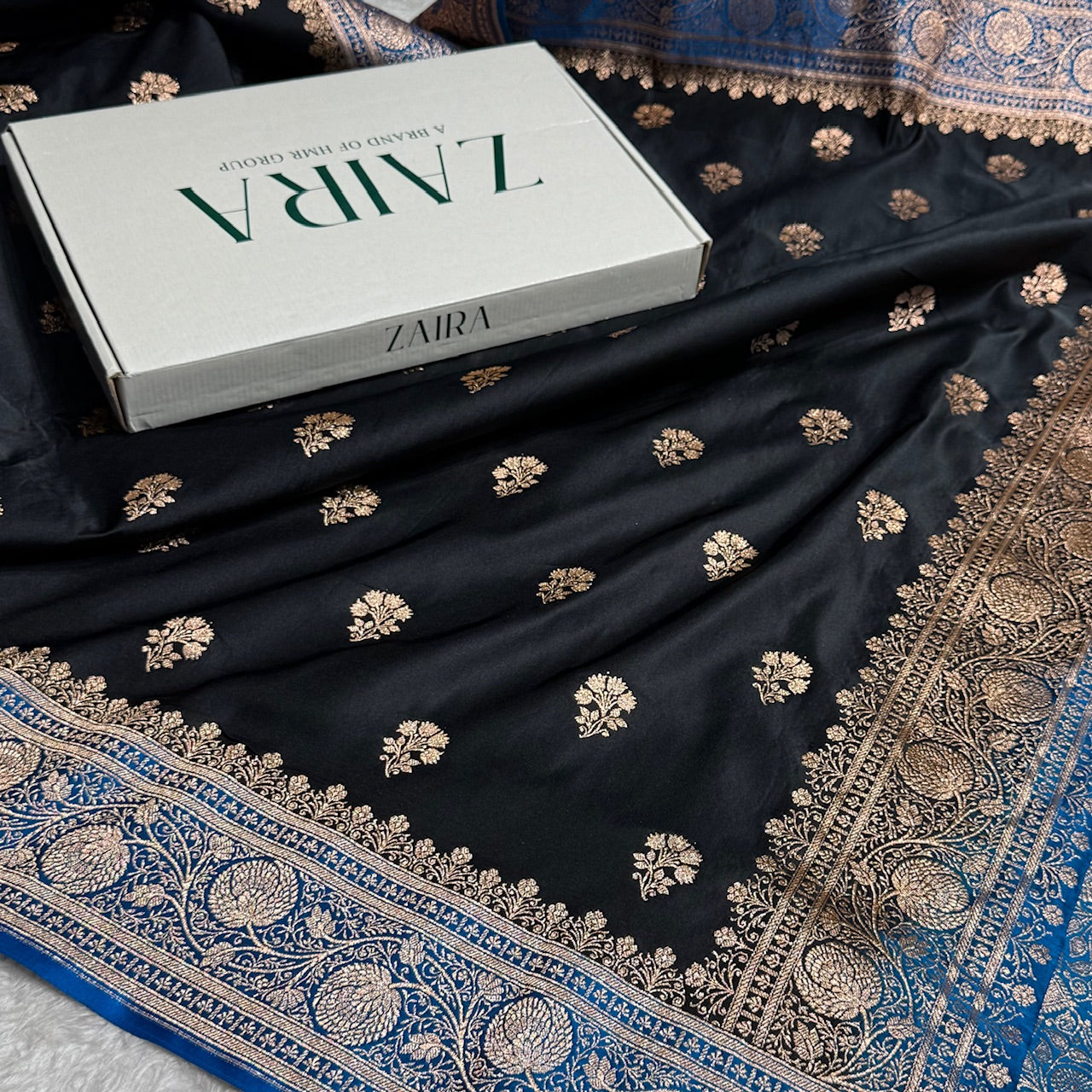 Black - Blue Banarasi Boota Katan Silk Saree