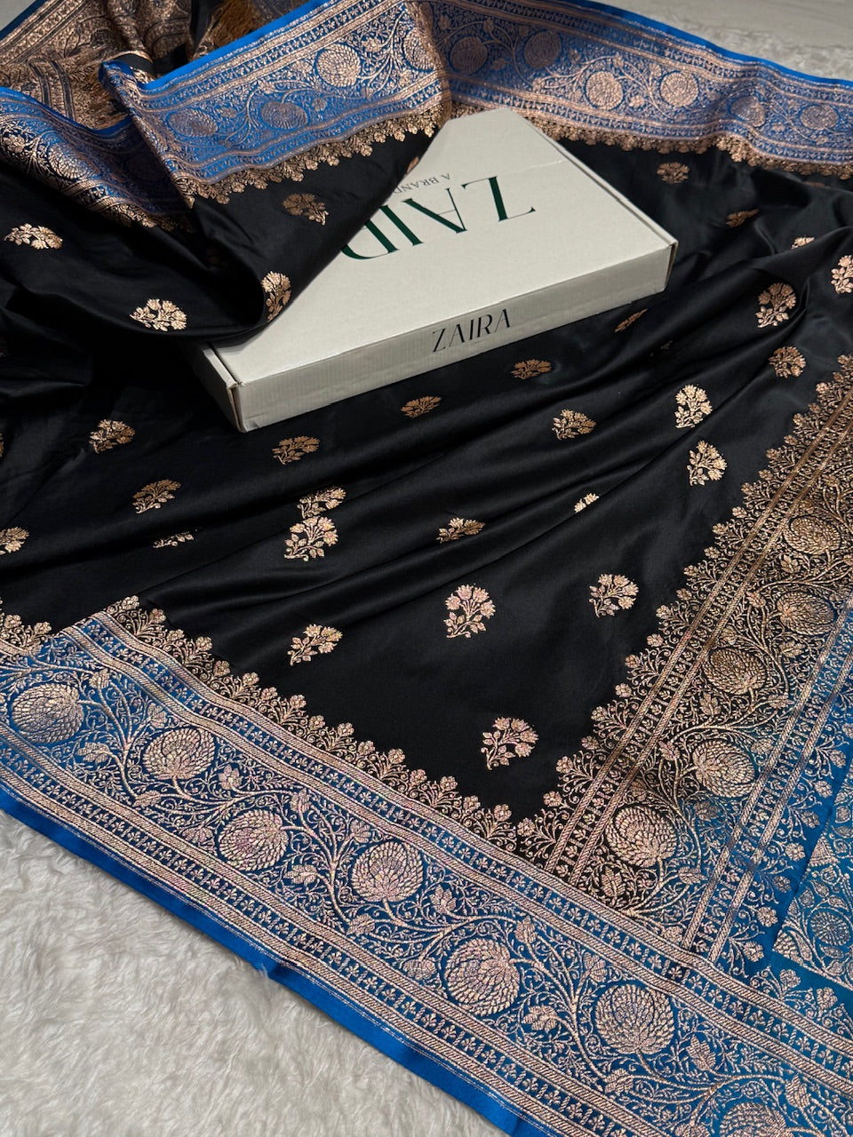 Black - Blue Banarasi Boota Katan Silk Saree