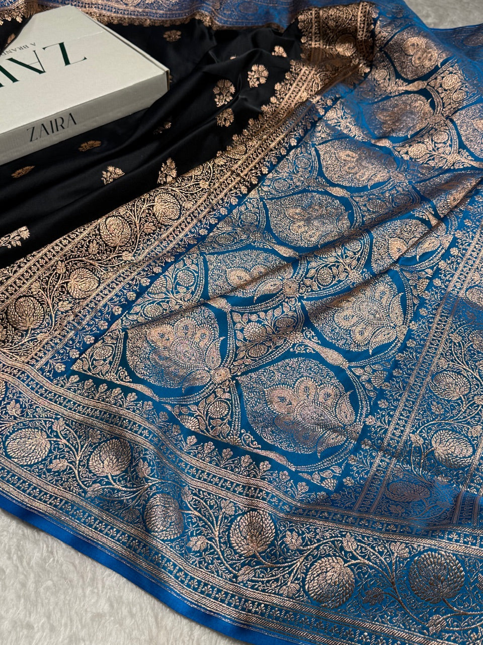 Black - Blue Banarasi Boota Katan Silk Saree
