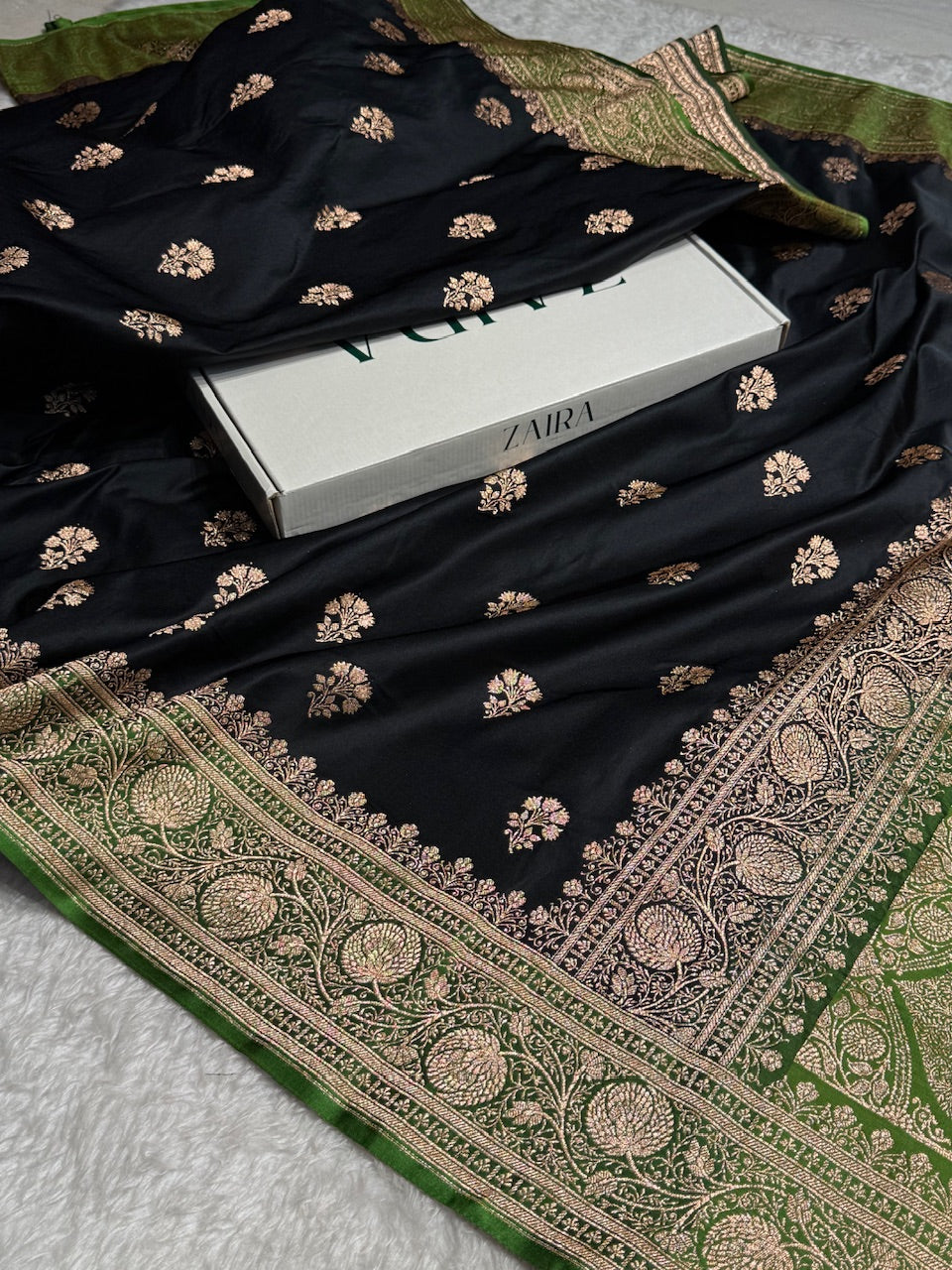 Black - Mehandi Banarasi Boota Katan Silk Saree