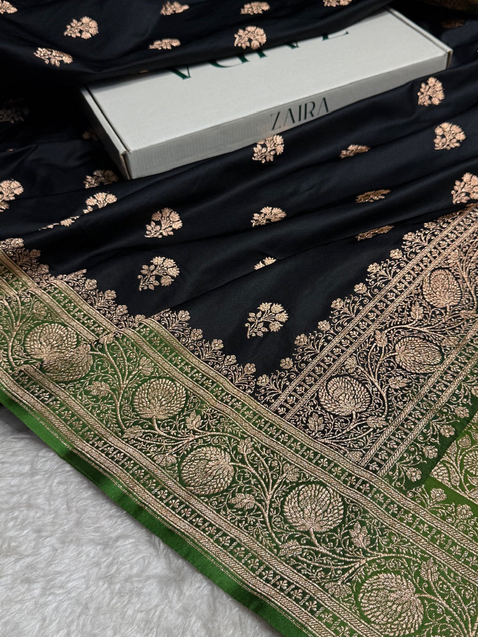 Black - Mehandi Banarasi Boota Katan Silk Saree