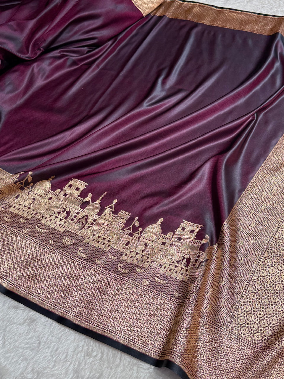Wine Banarasi Ghat Pattern Satin Katan Silk saree SK33