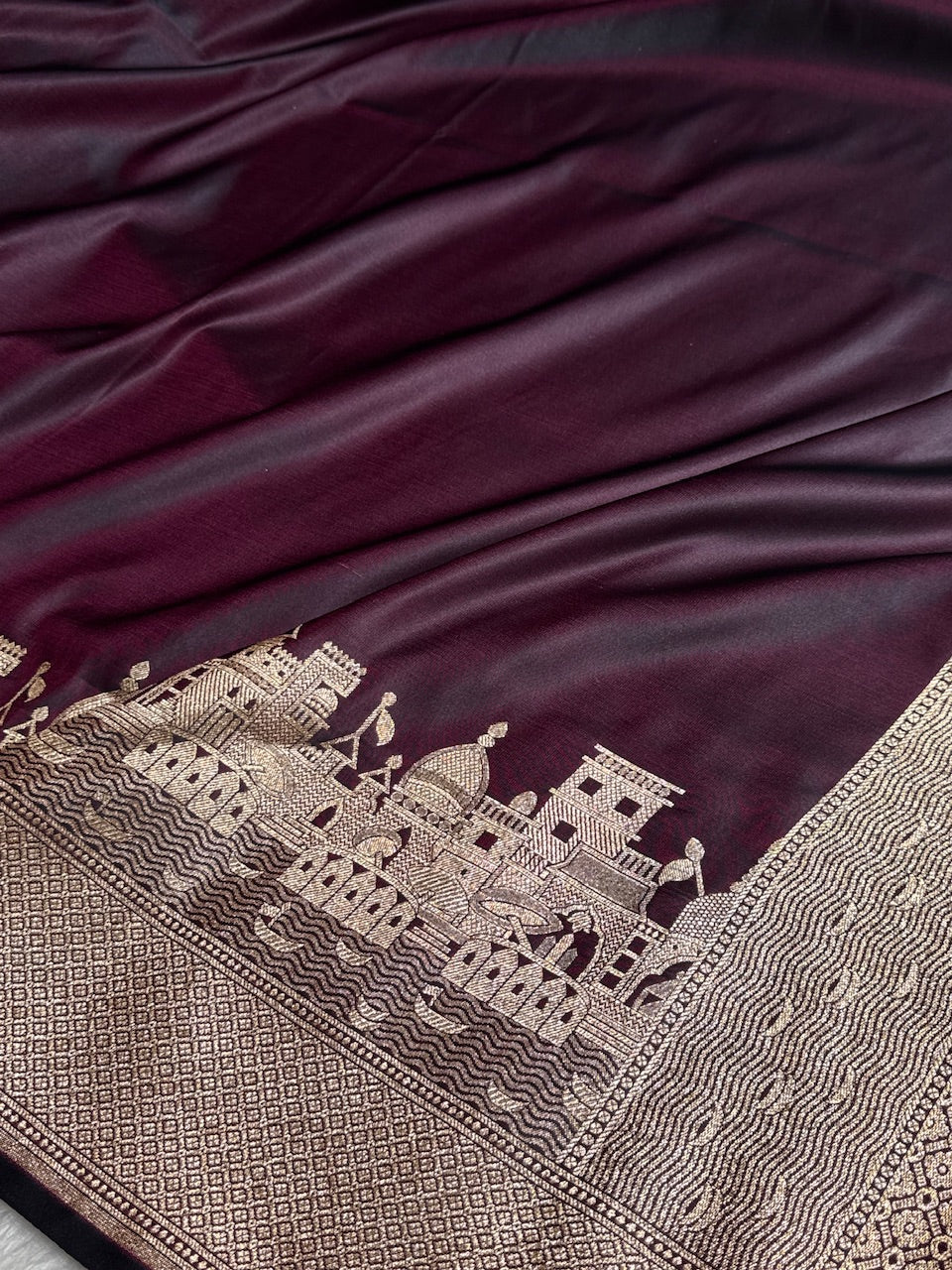 Wine Banarasi Ghat Pattern Satin Katan Silk saree SK33