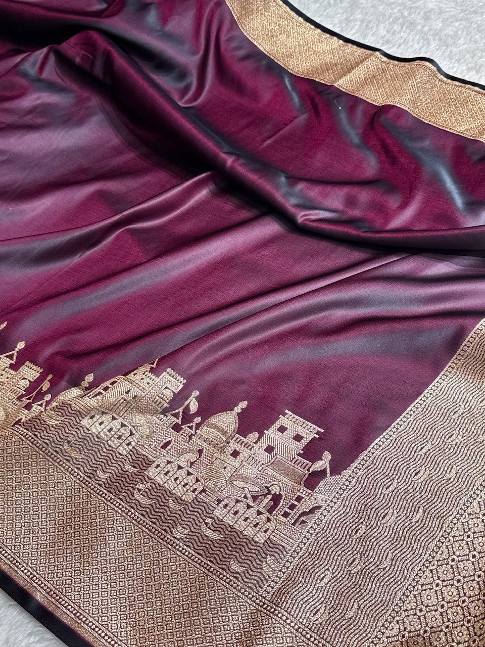 Wine Banarasi Ghat Pattern Satin Katan Silk saree SK33