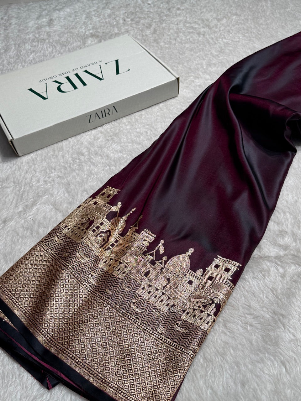 Wine Banarasi Ghat Pattern Satin Katan Silk saree SK33