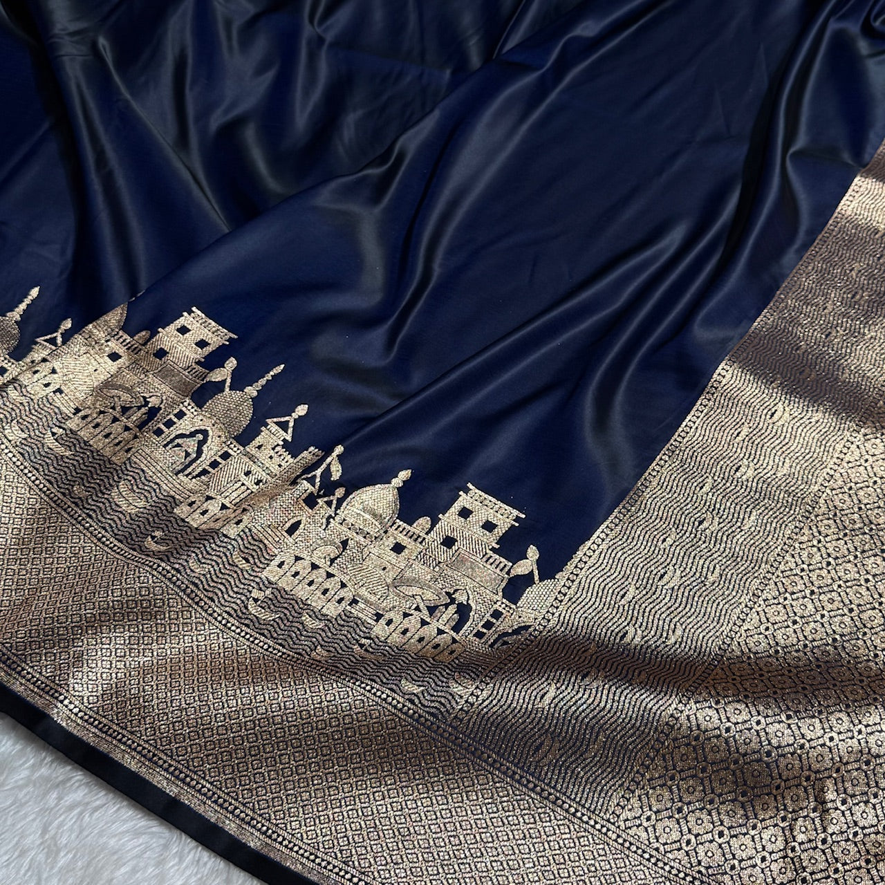 Navy Blue Banarasi Ghat Pattern Satin Katan Silk saree SK33