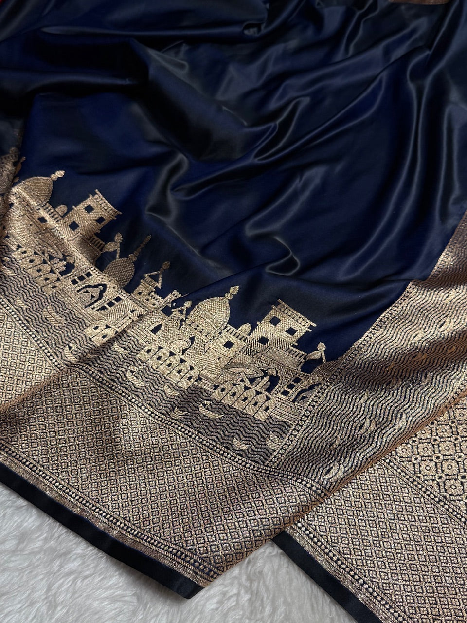 Navy Blue Banarasi Ghat Pattern Satin Katan Silk saree SK33